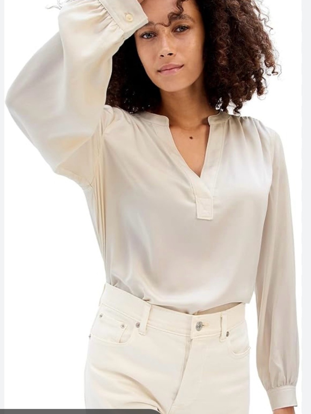 Women's Cream V-Neck Long Sleeve Blouse